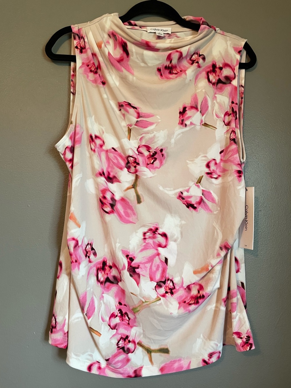 NWT Calvin Klein Sz XL Women’s Beige Pink Floral Sleeveless Blouse Top Ret $59!